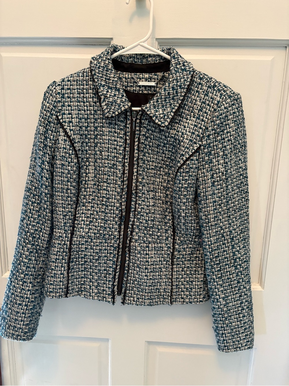 White House Black Market Green & White Tweed Zip Blazer